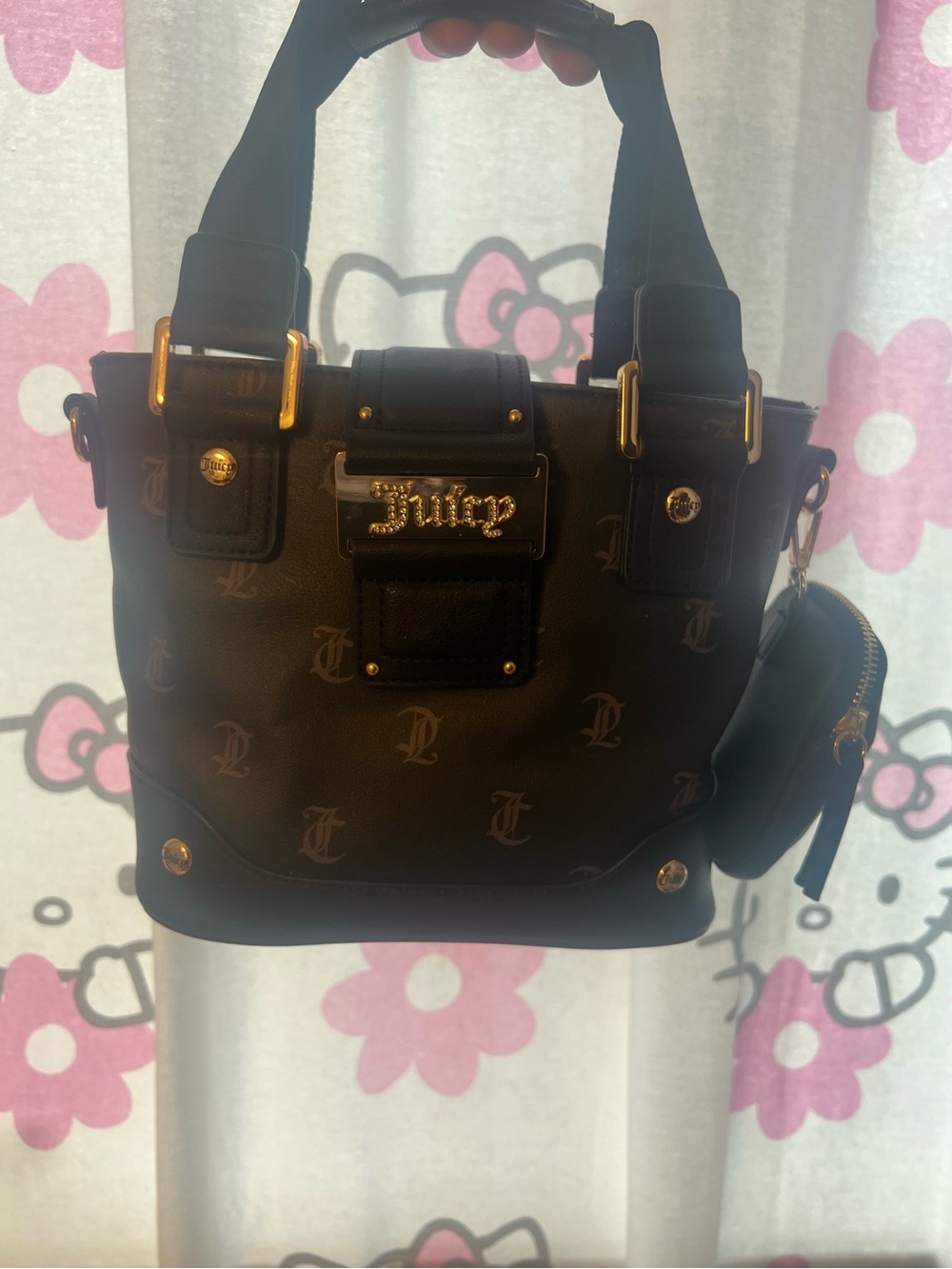 Juicy Couture Black Monogram Satchel with Gold Hardware and Coin Pouch
